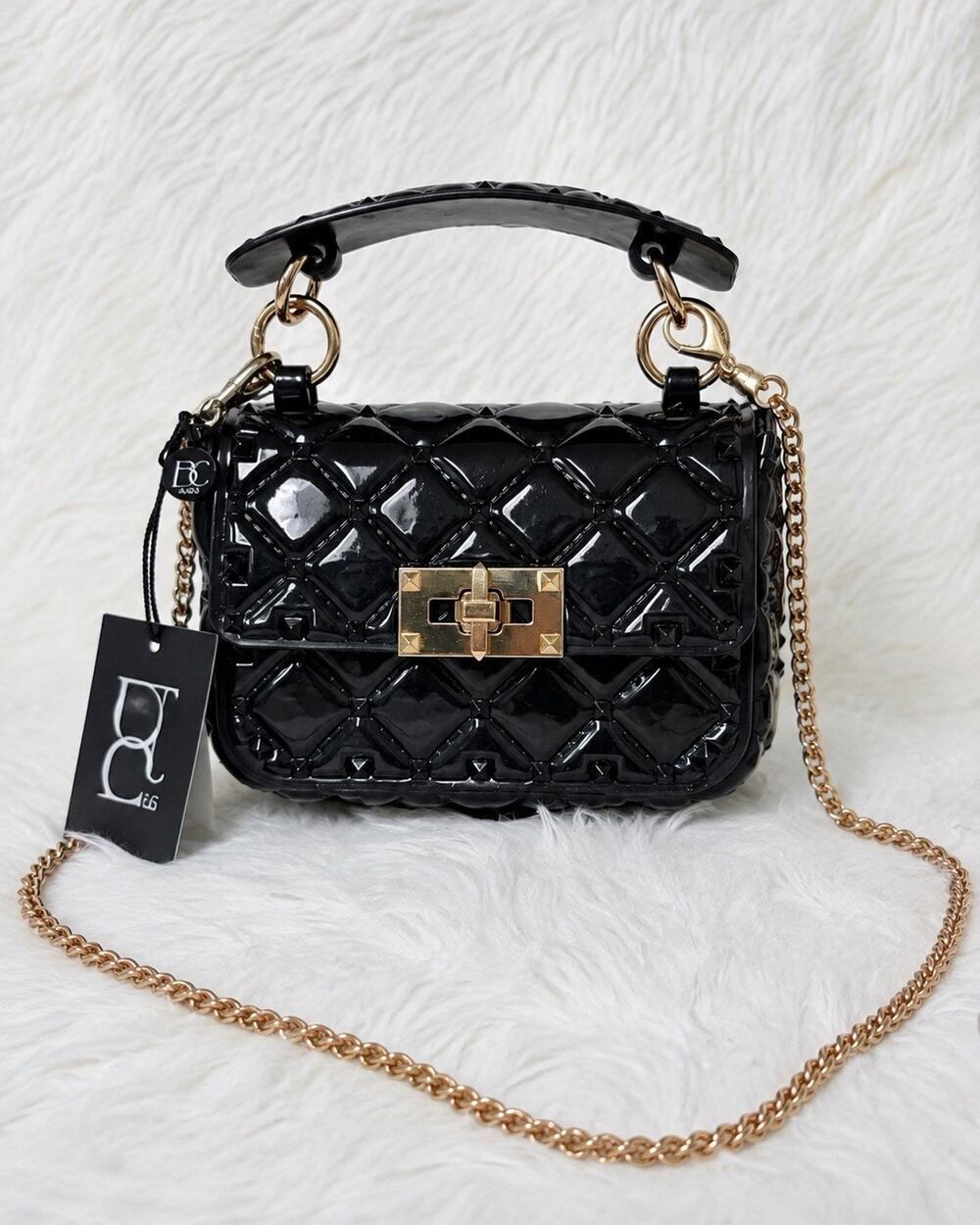 BC Bags NWT Black Quilted Patent Mini Crossbody Bag Gold Chain Studded 2604
